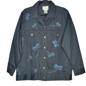 Quacker Factory Women's L Button Up Shacket Shirt Dragonflies Artsy Art to‎ Wear